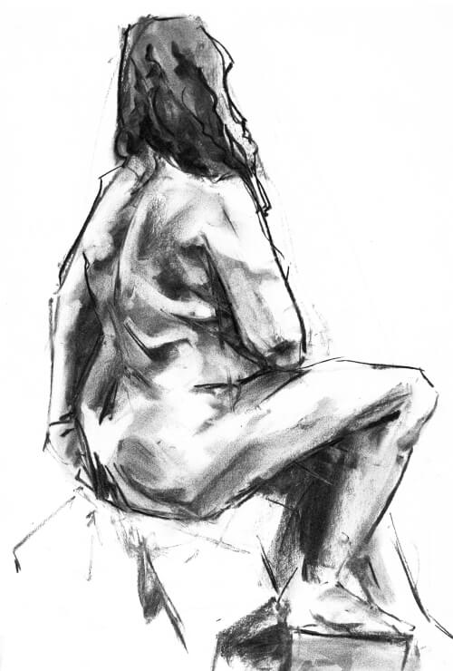 charcoal drawing of a womans back